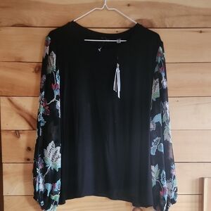 Tahari Black Blouse with Floral Patterned Sleeves